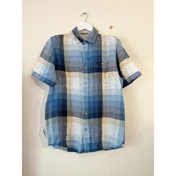 Tommy Bahama Relax Island Modern Fit Plaid Linen Short Sleeve Shirt Large Blue - Picture 1 of 11